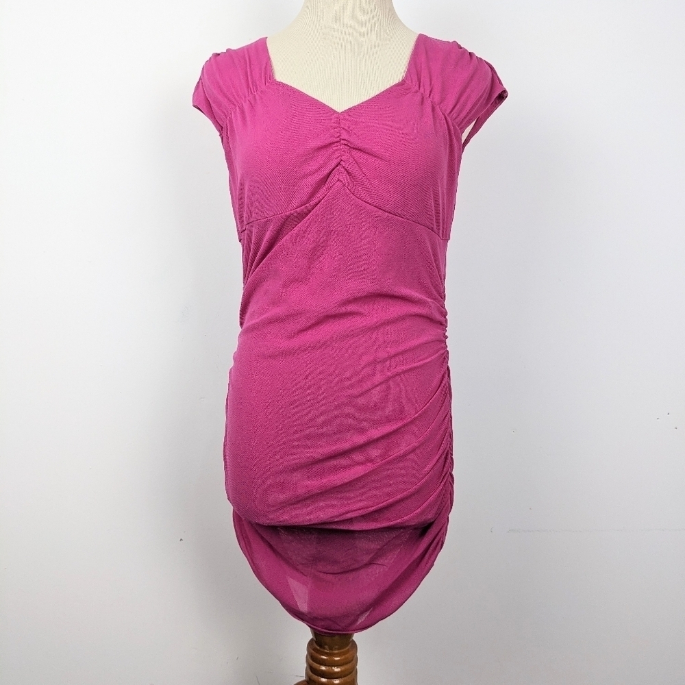Suzy Shier Pink Mesh Ruched Dress Size Medium